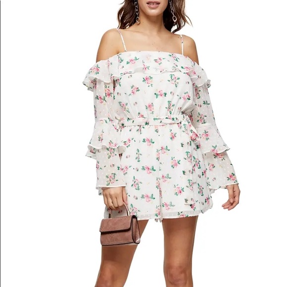 HP🎉Topshop Floral Cold Shoulder Ruffled Romper XS - Picture 6 of 7